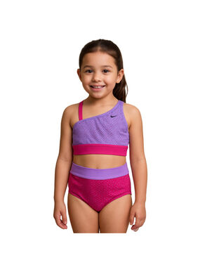 Nike Girls 2PC Swimsuit Set Large Pink Purple Polka Dot One Shoulder Bikini NWT